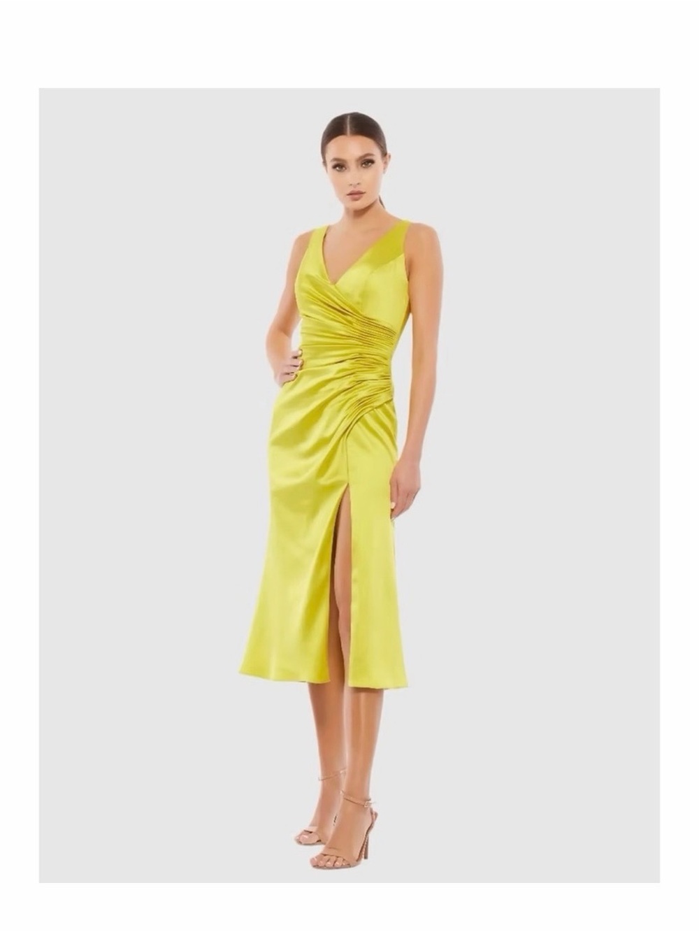 NWT Mac Duggal Satin Ruched V-Neck Faux Wrap Midi Dress / Size 6 / MSRP $258